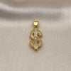 Oro Laminado Fancy Pendant, Gold Filled Style Money Sign and Baguette Design, with White Cubic Zirconia and White Micro Pave, Polished, Golden Finish, 05.342.0194