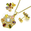 Oro Laminado Earring and Pendant Adult Set, Gold Filled Style Star and Flower Design, with White and Multicolor Cubic Zirconia, Polished, Golden Finish, 10.210.0170