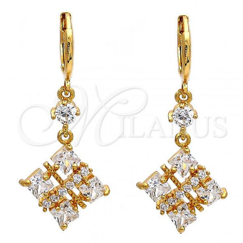 Oro Laminado Long Earring, Gold Filled Style with White Cubic Zirconia, Polished, Golden Finish, 02.217.0060
