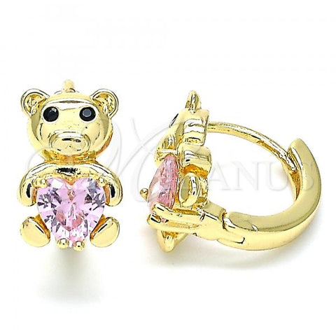 Oro Laminado Huggie Hoop, Gold Filled Style Teddy Bear and Heart Design, with Pink Cubic Zirconia and Black Micro Pave, Polished, Golden Finish, 02.210.0460.1.15
