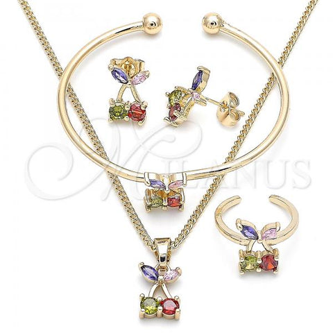 Oro Laminado Earring and Pendant Children Set, Gold Filled Style Cherry Design, with Multicolor Cubic Zirconia, Polished, Golden Finish, 06.210.0019