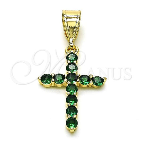 Oro Laminado Religious Pendant, Gold Filled Style Cross Design, with Green Cubic Zirconia, Polished, Golden Finish, 05.253.0182.3