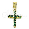 Oro Laminado Religious Pendant, Gold Filled Style Cross Design, with Green Cubic Zirconia, Polished, Golden Finish, 05.253.0182.3