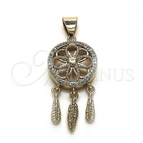 Oro Laminado Religious Pendant, Gold Filled Style Flower and Heart Design, with White Micro Pave, Polished, Golden Finish, 05.342.0089