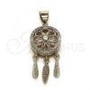 Oro Laminado Religious Pendant, Gold Filled Style Flower and Heart Design, with White Micro Pave, Polished, Golden Finish, 05.342.0089