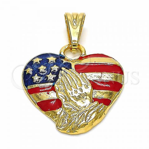 Oro Laminado Religious Pendant, Gold Filled Style Heart and Hand of God Design, Polished, Golden Finish, 03.32.0241