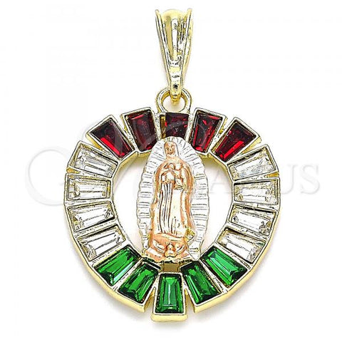 Oro Laminado Religious Pendant, Gold Filled Style Guadalupe Design, with Multicolor Crystal, Polished, Tricolor, 05.380.0058.1