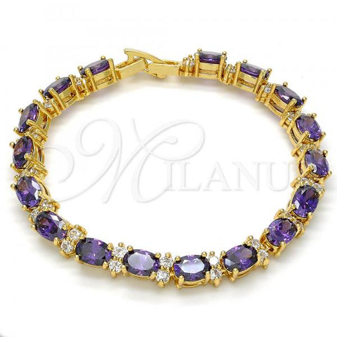Oro Laminado Tennis Bracelet, Gold Filled Style Cluster Design, with Amethyst and White Cubic Zirconia, Polished, Golden Finish, 03.206.0004.07