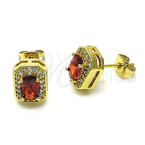 Oro Laminado Stud Earring, Gold Filled Style Cluster Design, with Garnet Cubic Zirconia and White Micro Pave, Polished, Golden Finish, 02.342.0337