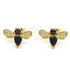 Oro Laminado Stud Earring, Gold Filled Style Bee Design, with Black Cubic Zirconia and White Micro Pave, Polished, Golden Finish, 02.345.0014
