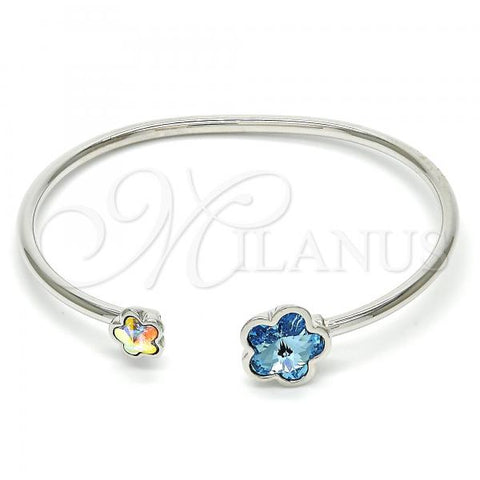 Rhodium Plated Individual Bangle, Flower Design, with Indicolite and Aurore Boreale Swarovski Crystals, Polished, Rhodium Finish, 07.239.0011.4 (02 MM Thickness, One size fits all)