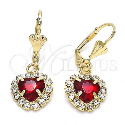 Oro Laminado Dangle Earring, Gold Filled Style Heart Design, with Garnet and White Crystal, Polished, Golden Finish, 02.122.0114