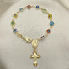 Oro Laminado Bracelet Rosary, Gold Filled Style Guadalupe and Crucifix Design, Multicolor Resin Finish, Golden Finish, 09.63.0107.1.08