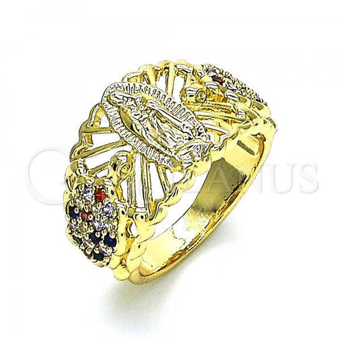 Oro Laminado Multi Stone Ring, Gold Filled Style Guadalupe and Turtle Design, with Multicolor Cubic Zirconia, Polished, Golden Finish, 01.380.0027.1.09