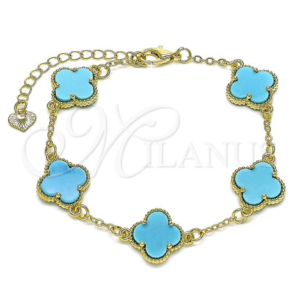 Oro Laminado Fancy Bracelet, Gold Filled Style Four-leaf Clover and Rolo Design, with Turquoise Mother of Pearl, Polished, Golden Finish, 03.414.0001.5.07