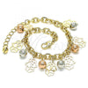 Oro Laminado Charm Bracelet, Gold Filled Style Hand of God and Ball Design, Polished, Tricolor, 03.331.0190.08