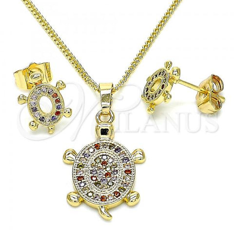 Oro Laminado Earring and Pendant Adult Set, Gold Filled Style Turtle Design, with Multicolor Micro Pave, Polished, Golden Finish, 10.284.0014