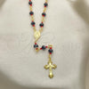 Oro Laminado Thin Rosary, Gold Filled Style Caridad del Cobre and Crucifix Design, with Black Crystal and Garnet Cubic Zirconia, Polished, Golden Finish, 09.63.0112.1.18