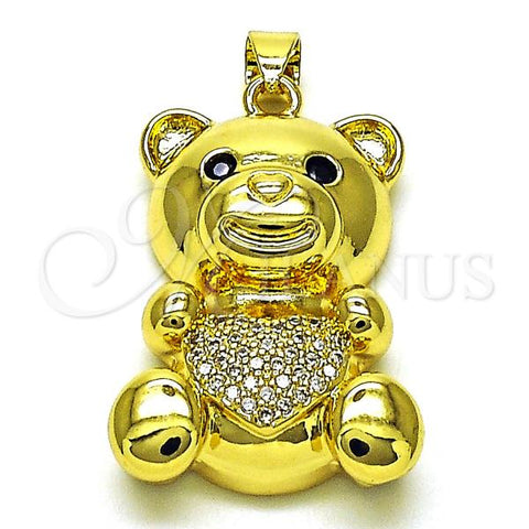 Oro Laminado Fancy Pendant, Gold Filled Style Teddy Bear Design, with White and Black Micro Pave, Polished, Golden Finish, 05.341.0086
