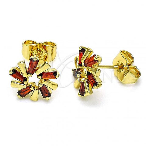 Oro Laminado Stud Earring, Gold Filled Style with Garnet Cubic Zirconia, Polished, Golden Finish, 02.210.0746.3