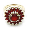 Oro Laminado Multi Stone Ring, Gold Filled Style Flower Design, with Ruby Cubic Zirconia, Polished, Golden Finish, 01.210.0106.1.07 (Size 7)