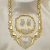 Oro Laminado Necklace, Bracelet and Earring, Gold Filled Style Heart and Hugs and Kisses Design, with White Crystal, Polished, Golden Finish, 06.372.0004