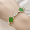 Oro Laminado Fancy Bracelet, Gold Filled Style Four-leaf Clover Design, with Light Green Mother of Pearl and White Cubic Zirconia, Polished, Golden Finish, 03.284.0048.2.07