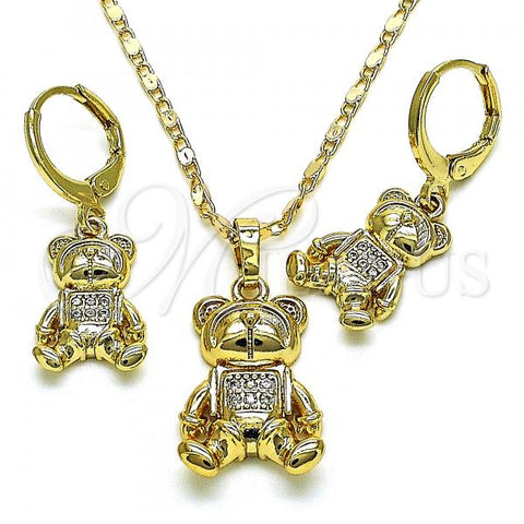 Oro Laminado Earring and Pendant Adult Set, Gold Filled Style Teddy Bear Design, with White Micro Pave, Polished, Golden Finish, 10.196.0045