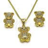 Oro Laminado Earring and Pendant Adult Set, Gold Filled Style Teddy Bear Design, with White and Black Micro Pave, Polished, Golden Finish, 10.342.0111