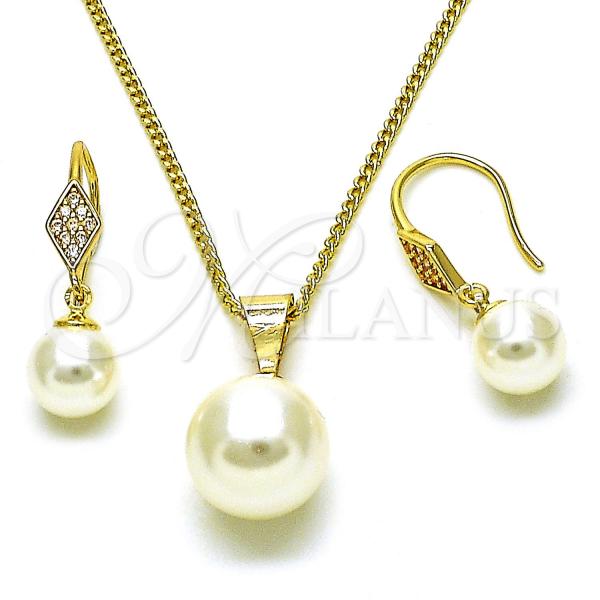 Oro Laminado Earring and Pendant Adult Set, Gold Filled Style Ball Design, with Ivory Pearl and White Micro Pave, Polished, Golden Finish, 10.195.0065