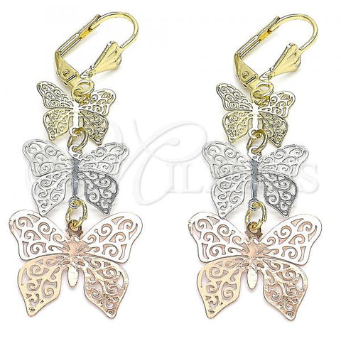 Oro Laminado Long Earring, Gold Filled Style Butterfly Design, Polished, Tricolor, 02.351.0114