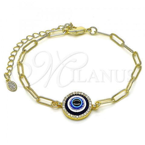 Oro Laminado Fancy Bracelet, Gold Filled Style Evil Eye and Paperclip Design, with White Crystal, Polished, Golden Finish, 03.341.0017.07