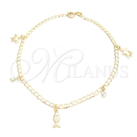Oro Laminado Charm Anklet , Gold Filled Style Turtle and Curb Design, with White Cubic Zirconia, Polished, Golden Finish, 03.58.0036.10