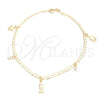 Oro Laminado Charm Anklet , Gold Filled Style Turtle and Curb Design, with White Cubic Zirconia, Polished, Golden Finish, 03.58.0036.10