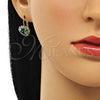 Oro Laminado Leverback Earring, Gold Filled Style Heart Design, with Green and White Crystal, Polished, Golden Finish, 02.122.0111.4