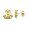 Oro Laminado Stud Earring, Gold Filled Style Crown Design, with White Micro Pave, Polished, Golden Finish, 02.342.0126