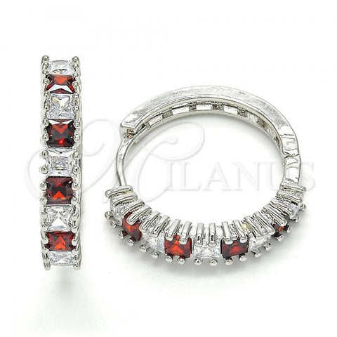 Rhodium Plated Huggie Hoop, with Garnet and White Cubic Zirconia, Polished, Rhodium Finish, 02.210.0105.7.25