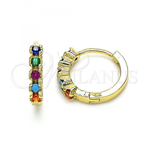 Oro Laminado Huggie Hoop, Gold Filled Style with Multicolor Cubic Zirconia, Polished, Golden Finish, 02.210.0550.4.15