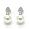 Sterling Silver Stud Earring, Teardrop Design, with Ivory Pearl and White Micro Pave, Polished, Rhodium Finish, 02.186.0072