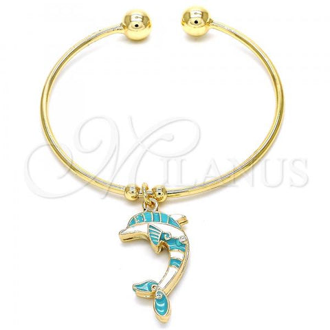 Oro Laminado Individual Bangle, Gold Filled Style Dolphin Design, with White Crystal, Turquoise Enamel Finish, Golden Finish, 07.63.0205.1 (02 MM Thickness, One size fits all)