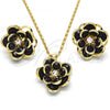 Oro Laminado Earring and Pendant Adult Set, Gold Filled Style Flower Design, with Black and White Crystal, Polished, Golden Finish, 10.64.0156.4