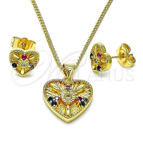 Oro Laminado Earring and Pendant Adult Set, Gold Filled Style Heart Design, with Multicolor Cubic Zirconia, Polished, Golden Finish, 10.156.0480.1