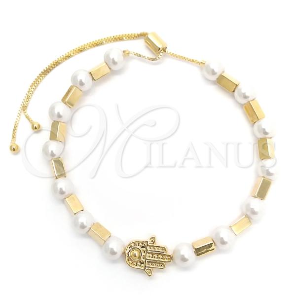 Oro Laminado Adjustable Bolo Bracelet, Gold Filled Style Hand of God and Ball Design, with White Pearl, Polished, Golden Finish, 03.32.0574