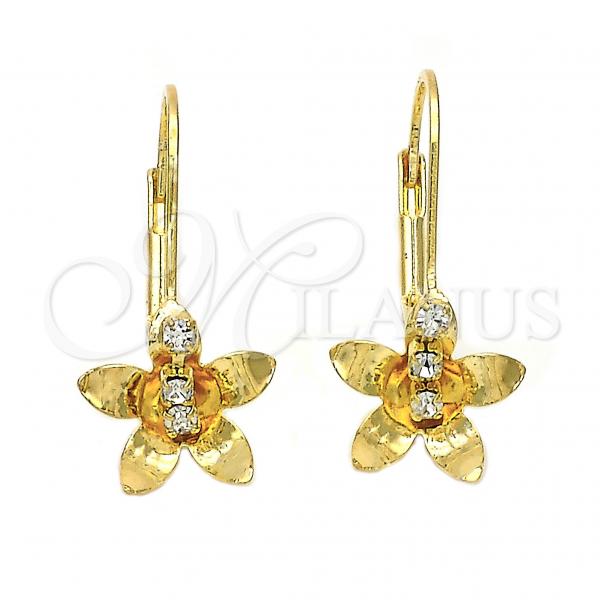 Oro Laminado Leverback Earring, Gold Filled Style Flower Design, with White Cubic Zirconia, Polished, Golden Finish, 02.21.0219