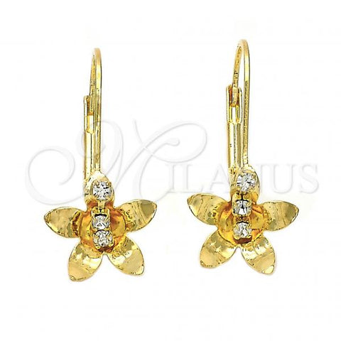 Oro Laminado Leverback Earring, Gold Filled Style Flower Design, with White Cubic Zirconia, Polished, Golden Finish, 02.21.0219