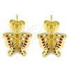 Oro Laminado Stud Earring, Gold Filled Style Butterfly Design, with Garnet Micro Pave, Polished, Golden Finish, 02.156.0374.1