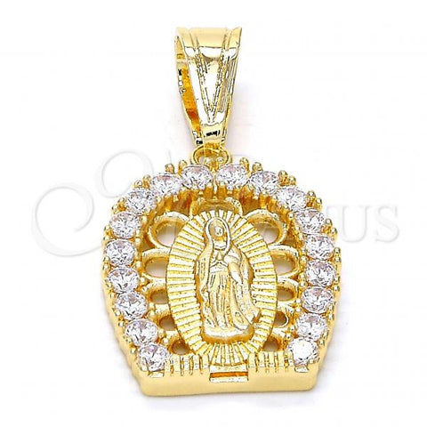 Oro Laminado Religious Pendant, Gold Filled Style Guadalupe Design, with White Cubic Zirconia, Polished, Golden Finish, 05.120.0016