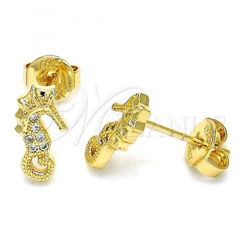 Oro Laminado Stud Earring, Gold Filled Style with White Micro Pave, Polished, Golden Finish, 02.156.0323