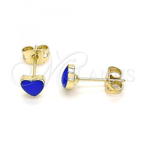 Oro Laminado Stud Earring, Gold Filled Style Heart Design, Blue Enamel Finish, Golden Finish, 02.213.0292.5