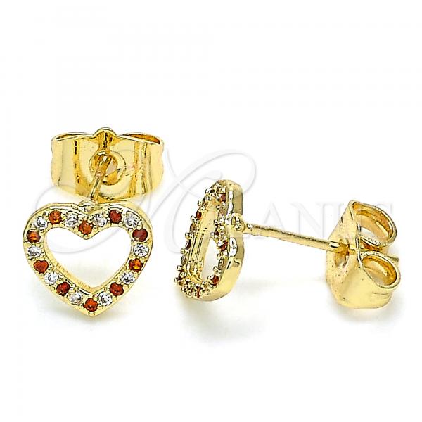 Oro Laminado Stud Earring, Gold Filled Style Heart Design, with Garnet and White Micro Pave, Polished, Golden Finish, 02.233.0049.1